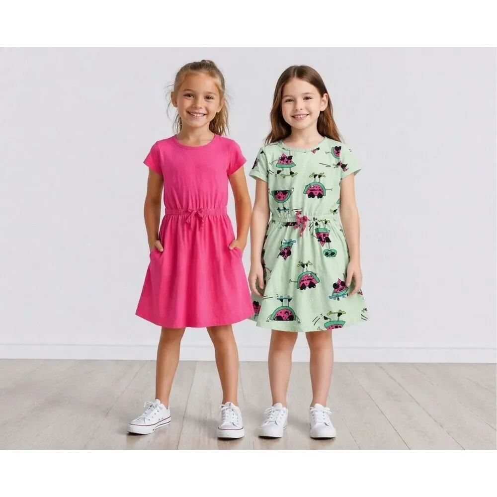 Spotted Zebra Set of 2 Girls Skater Dresses Skate Pink Green Sz M 8